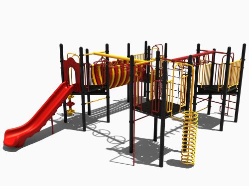 Speeltoestel met rondloop, klimnet en RVS glijbaan