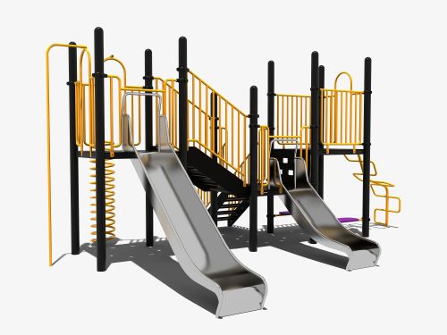 Combinatie speeltoestel met 2 RVS glijbanen en bankjes