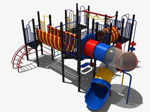 Speeltoestel met grote buis-glijbaan en rondloop