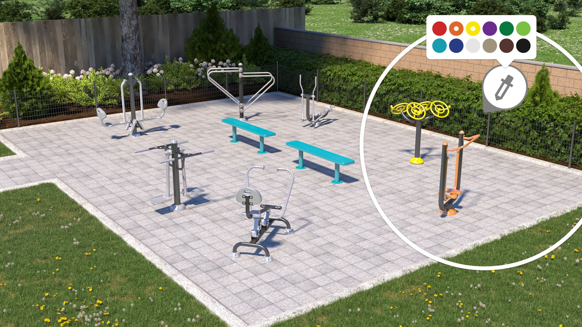Outdoor fitnessparcours compleet, incl. beton en montage