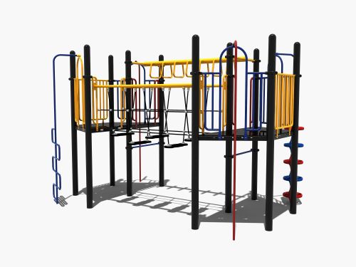 Speeltoestel met een wiebelbrug en een hangrek