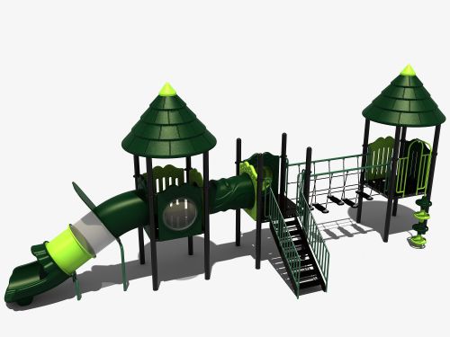 Speeltoestel met een glijbaan, een kruipbuis en een wiebelbrug